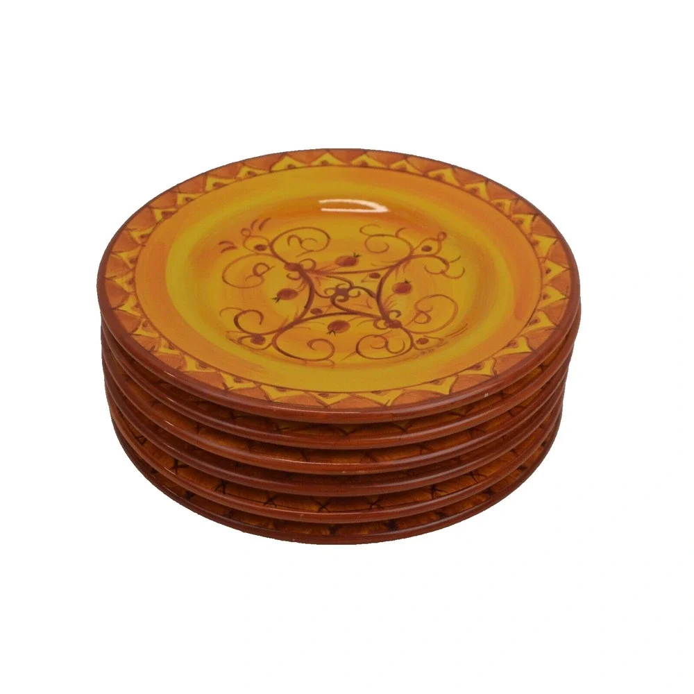 Pier 1 Karistan Salad Plates Set of 6 Hand-Painted Earthenware Orange Scroll